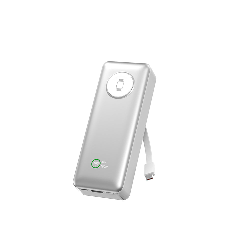 Wiwu Wi-P023 Elite Serisi Dijital LED Göstergeli Akıllı Saat Kablosuz Şarj Özellikli Taşınabilir Powerbank 20000mAh 145W Gümüş