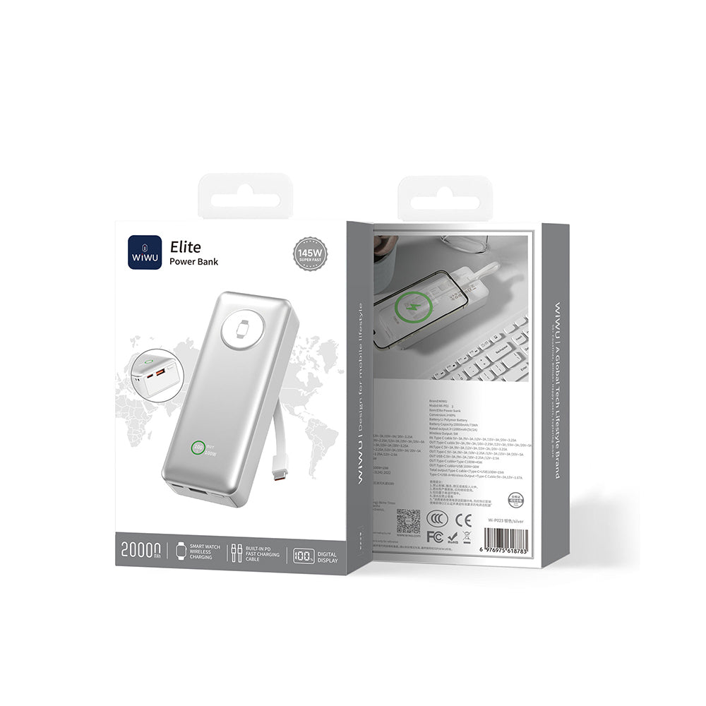 Wiwu Wi-P023 Elite Serisi Dijital LED Göstergeli Akıllı Saat Kablosuz Şarj Özellikli Taşınabilir Powerbank 20000mAh 145W Gümüş