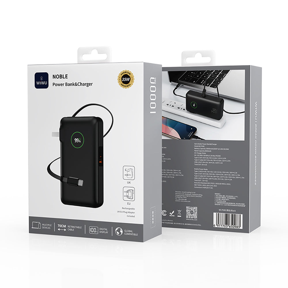 Wiwu Wi-P049 Noble Serisi Type-C Kablolu Dijital LED Göstergeli Powerbank PD 35W 10000mAh Beyaz