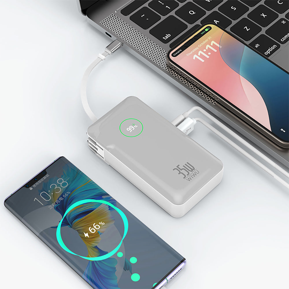 Wiwu Wi-P049 Noble Serisi Type-C Kablolu Dijital LED Göstergeli Powerbank PD 35W 10000mAh Beyaz