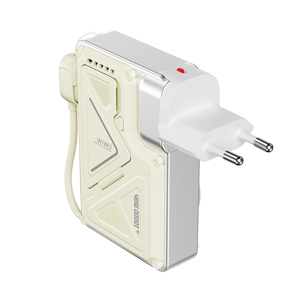 Wiwu Wi-P057 Knight Serisi Taşınabilir Wireless Type-C ve Lightning Kablolu Standlı PD Powerbank 35W 10000mAh Beyaz