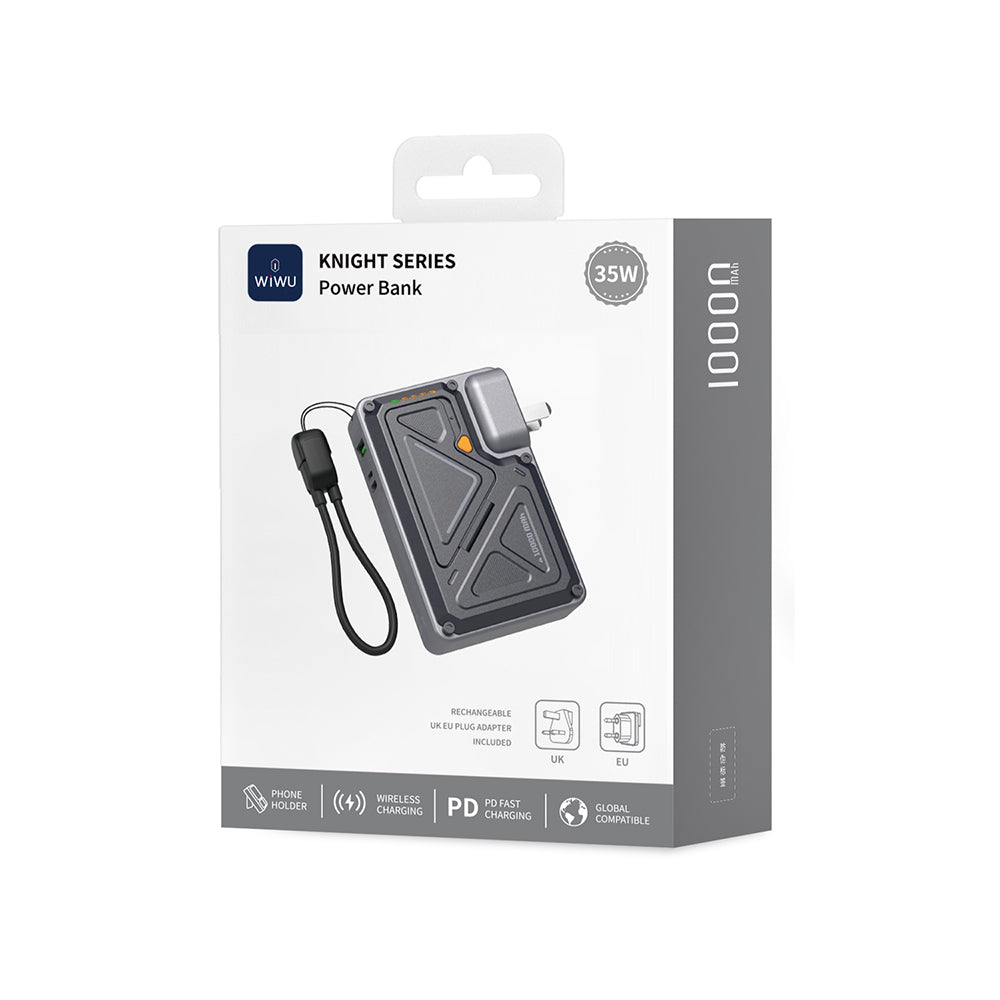 Wiwu Wi-P057 Knight Serisi Taşınabilir Wireless Type-C ve Lightning Kablolu Standlı PD Powerbank 35W 10000mAh Siyah