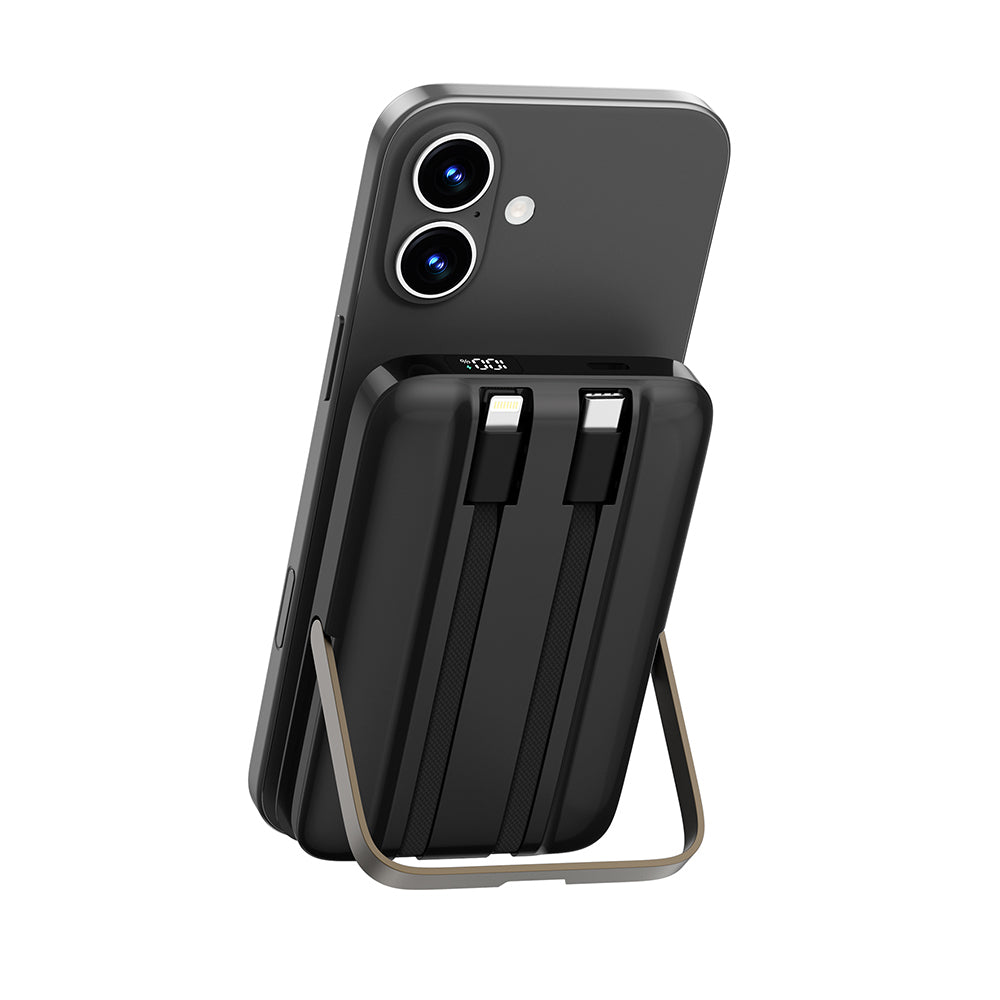 Wiwu Wi-P077 Pionner Serisi Taşınabilir Wireless Şarj ve PD 20W Hızlı Şarj Özellikli Standlı Powerbank 15W 10000mAh Siyah