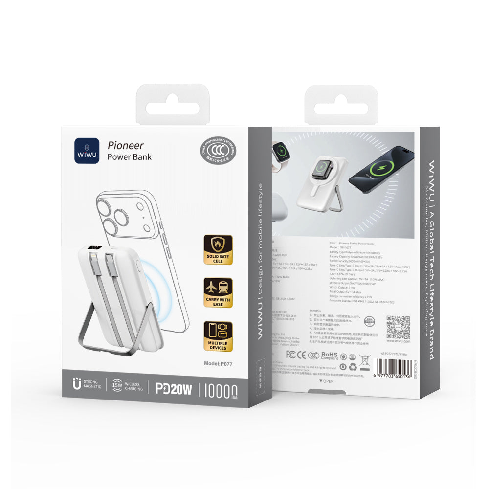 Wiwu Wi-P077 Pionner Serisi Taşınabilir Wireless Şarj ve PD 20W Hızlı Şarj Özellikli Standlı Powerbank 15W 10000mAh Siyah