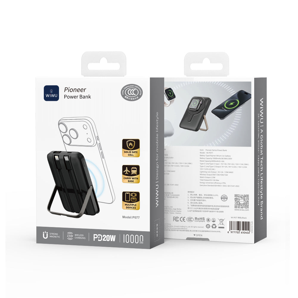 Wiwu Wi-P077 Pionner Serisi Taşınabilir Wireless Şarj ve PD 20W Hızlı Şarj Özellikli Standlı Powerbank 15W 10000mAh Beyaz