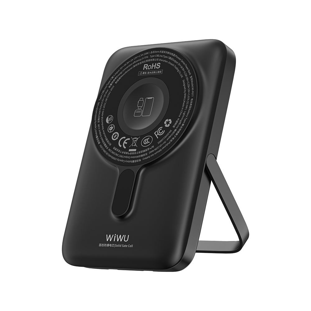 Wiwu Wi-P077 Pionner Serisi Taşınabilir Wireless Şarj ve PD 20W Hızlı Şarj Özellikli Standlı Powerbank 15W 10000mAh Siyah