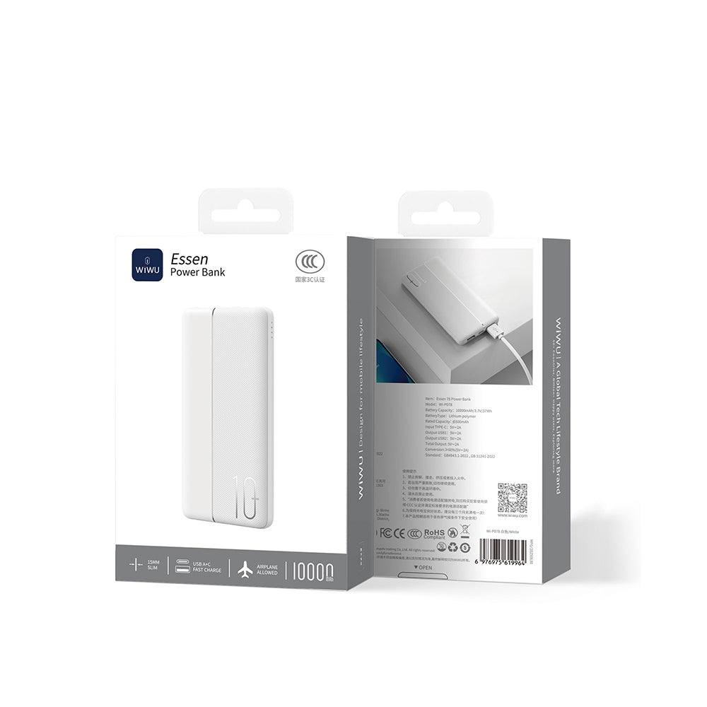Wiwu Wi-P078 Essen Serisi LED Işık Göstergeli Taşınabilir Powerbank 10000mAh Beyaz