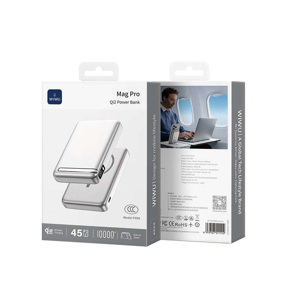 Wiwu Wi-P090 Mag Pro Serisi Qi2 Şarj Teknolojili Standlı 45W Taşınabilir M-safe Wireless Powerbank 10.000mAh Gümüş