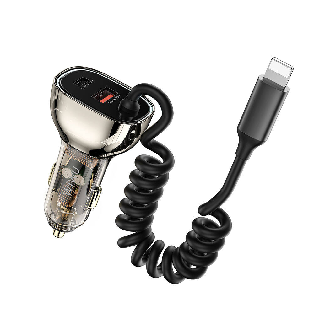 Wiwu Wi-QC019 Geek Serisi Type-C + Lightning Kablolu + USB-A Hızlı Şarj Özellikli Transparan Tasarımlı Araç Şarj Aleti 90W Siyah