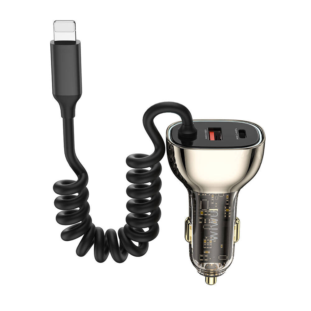 Wiwu Wi-QC019 Geek Serisi Type-C + Lightning Kablolu + USB-A Hızlı Şarj Özellikli Transparan Tasarımlı Araç Şarj Aleti 90W Siyah