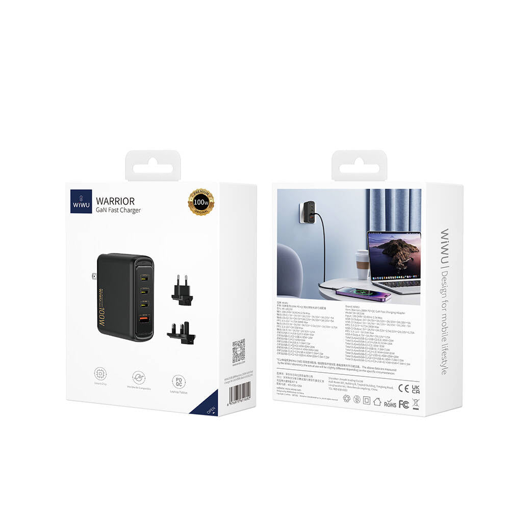 Wiwu Wi-U022W Warrior Serisi GaN Teknolojili 100W QC+PD Universal Hızlı Şarj Başlığı Siyah