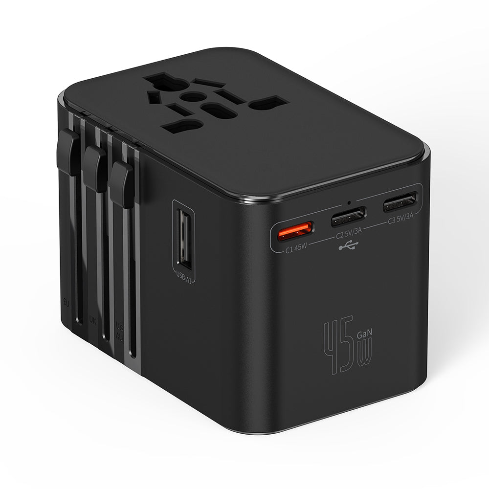 Wiwu Wi-UA006 Çoklu Universal TR/US/UK/AUS/EU Uyumlu Seyahat Şarj Adaptörü 45W Siyah