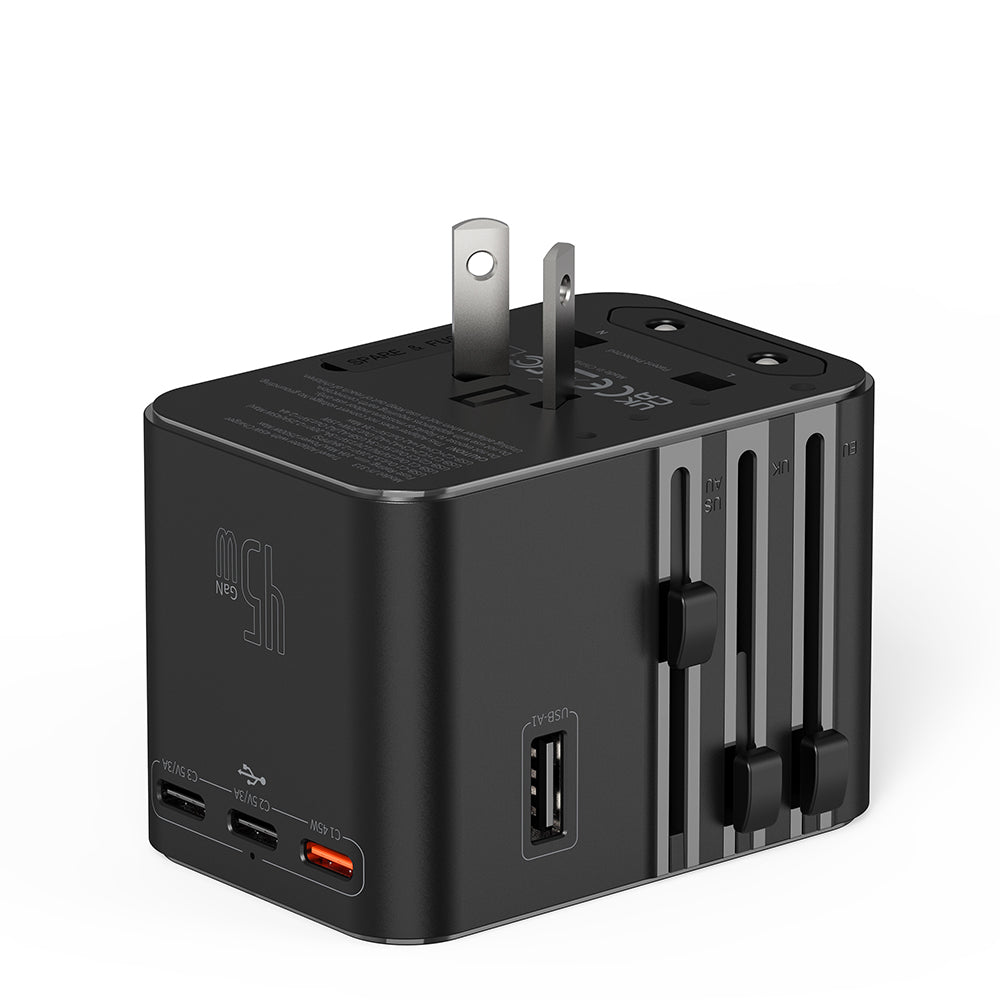 Wiwu Wi-UA006 Çoklu Universal TR/US/UK/AUS/EU Uyumlu Seyahat Şarj Adaptörü 45W Siyah