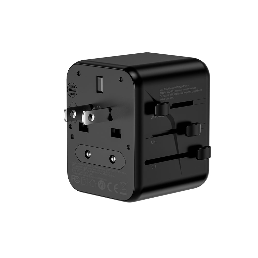 Wiwu Wi-UA012 Çoklu Universal TR/US/UK/AUS/EU Uyumlu Seyahat Şarj Adaptörü 12W Siyah