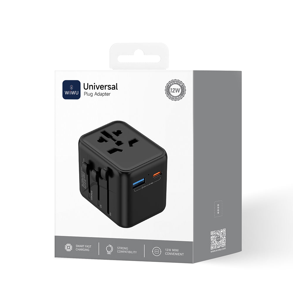 Wiwu Wi-UA012 Çoklu Universal TR/US/UK/AUS/EU Uyumlu Seyahat Şarj Adaptörü 12W Siyah