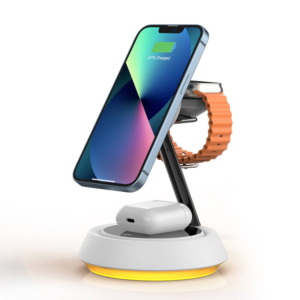 Wiwu Wi-W002 3in1 Hızlı Şarj Özellikli Magnetik Kablosuz Şarj Standı Beyaz