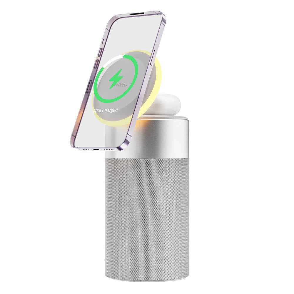 Wiwu Wi-W022 Kablosuz Şarj Standlı Ambiyans Işıklı Bluetooth Speaker Hoparlör Gümüş