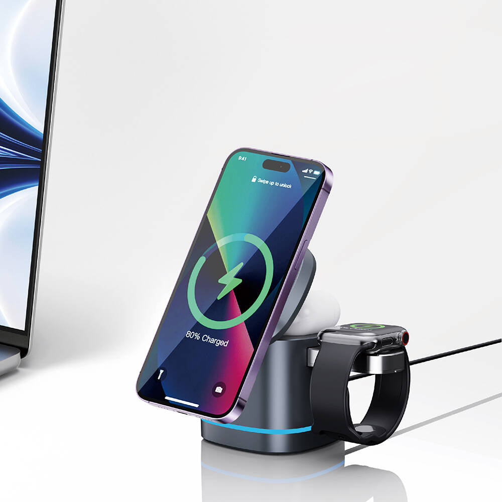Wiwu Wi-W024 Rubik Küp Ambiyans Işıklı Telefon&Akıllı Saat&Kulaklık İçin 15W 3in1 Kablosuz Şarj Standı Siyah