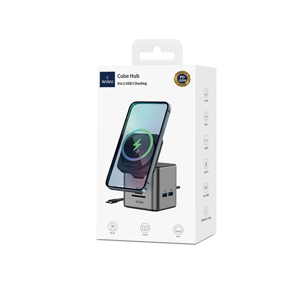 Wiwu Wi-W025 9in1 Magsafe Şarj Özellikli Type-C Hub PD 100W USB 3.0 SD/TF HDMI RJ45 Gri
