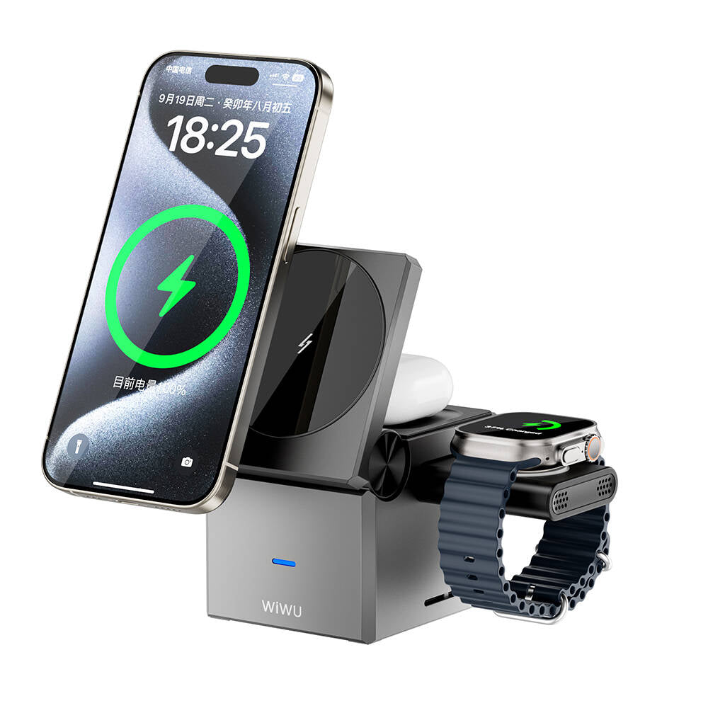 Wiwu Wi-W030 Small Square Küp Tasarımlı Telefon & Akıllı Saat & Kulaklık İçin 15W 3in1 Kablosuz Şarj Standı Gri