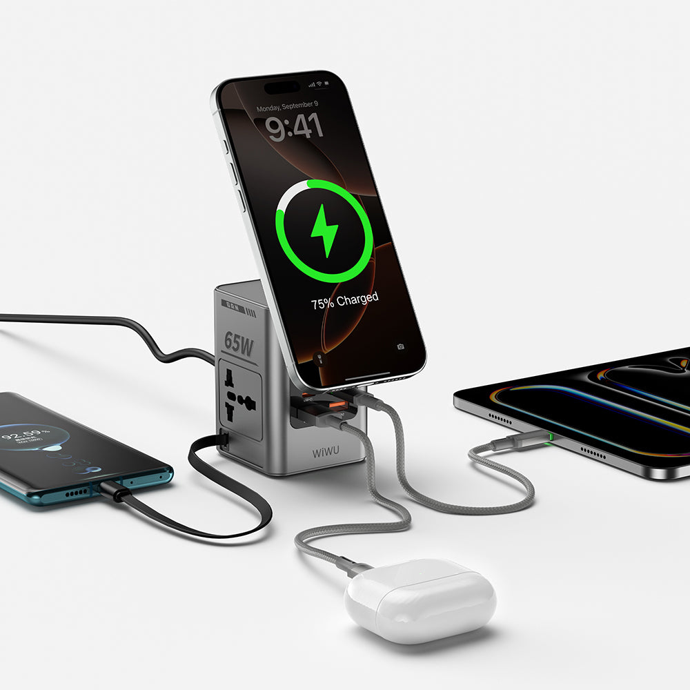 Wiwu Wi-W040 Telefon & Akıllı Saat & Kulaklık İçin GaN 65W 8in1 Şarj İstasyonu Gri